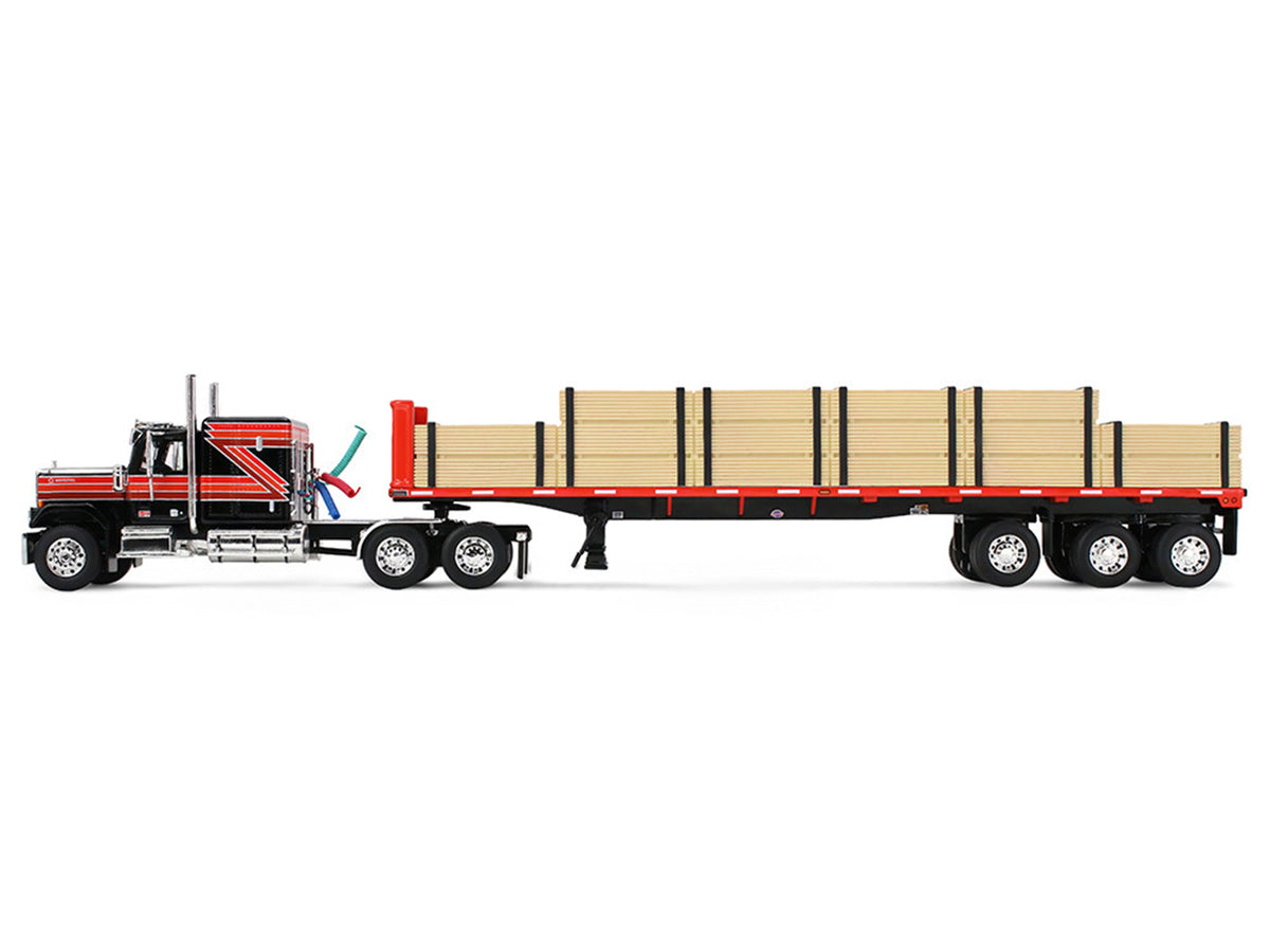 GMC General with 60" Flat Top Sleeper & 48' Utility Flatbed Trailer with Lumber Load Black with Red Stripes 1/64