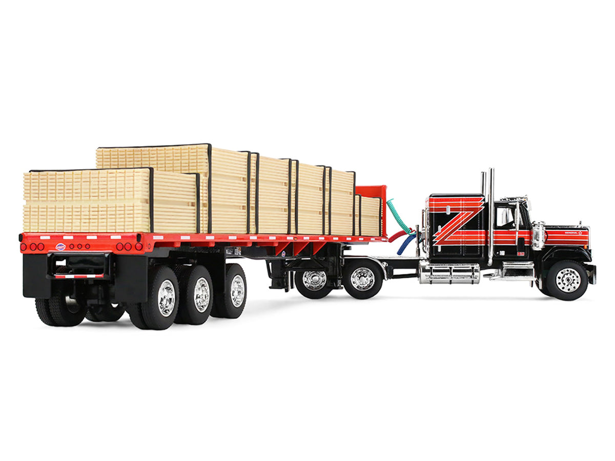 GMC General with 60" Flat Top Sleeper & 48' Utility Flatbed Trailer with Lumber Load Black with Red Stripes 1/64