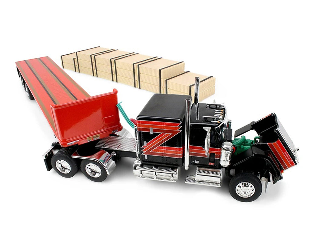 GMC General with 60" Flat Top Sleeper & 48' Utility Flatbed Trailer with Lumber Load Black with Red Stripes 1/64