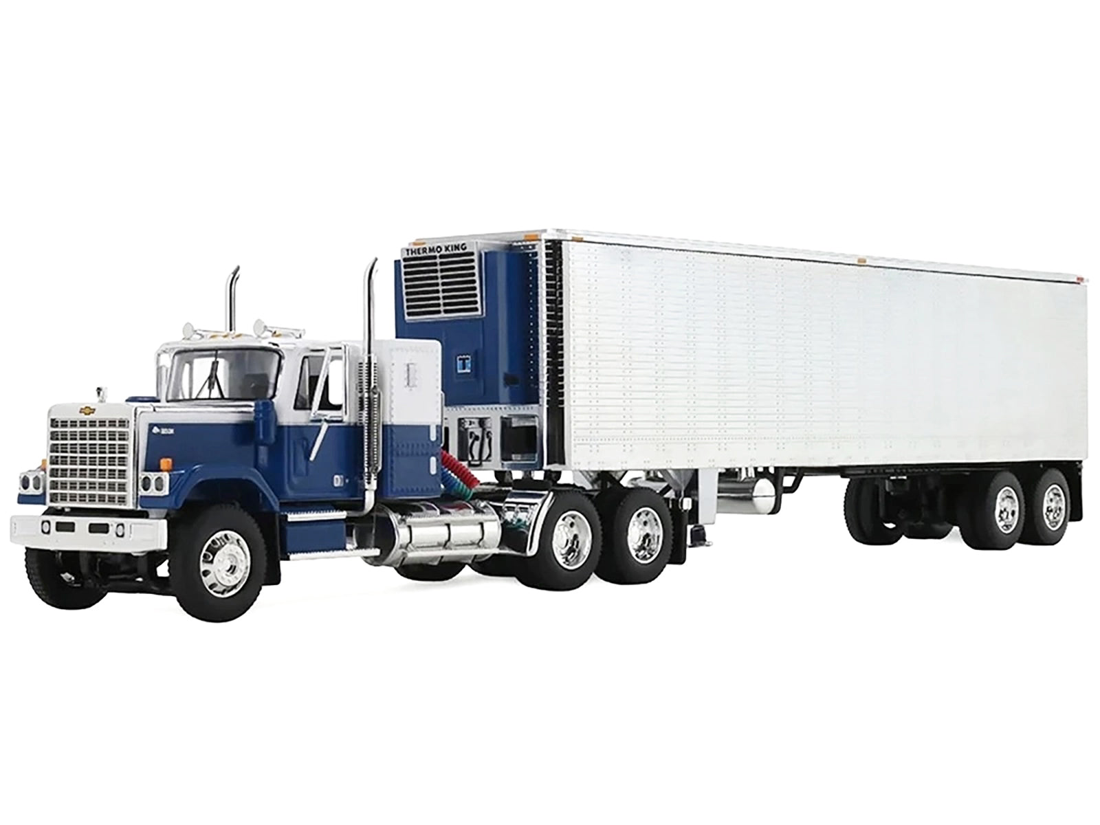 Chevrolet Bison with 34" Flat Top Sleeper & 40' Vintage Trailer with Reefer Blue and White 1/64 Diecast Model by DCP/First Gear