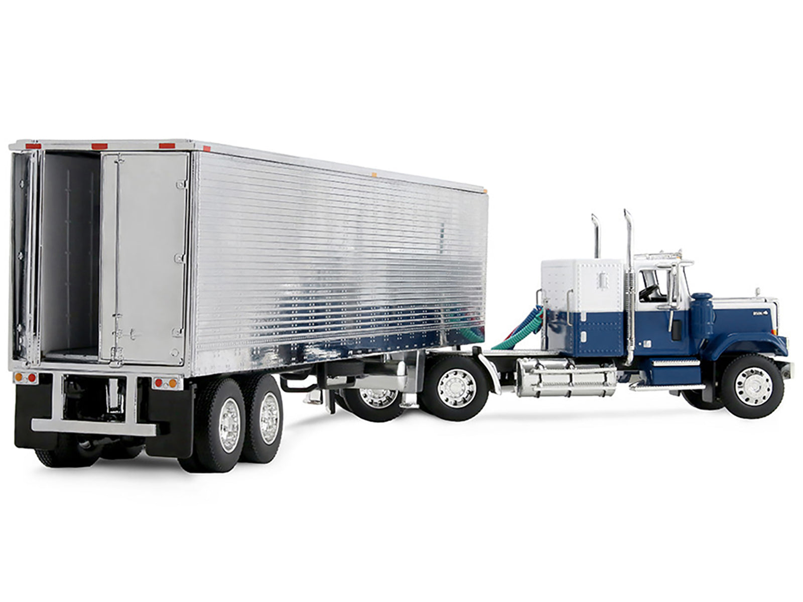 Chevrolet Bison with 34" Flat Top Sleeper & 40' Vintage Trailer with Reefer Blue and White 1/64 Diecast Model by DCP/First Gear