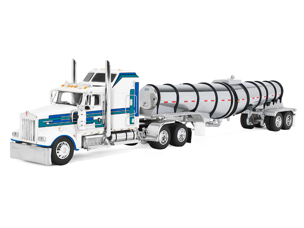 Kenworth W900L with 60" Aerodyne Sleeper and Polar Deep Drop Trailer White with Blue and Green Stripes 1/64 Diecast Model by DCP/First Gear