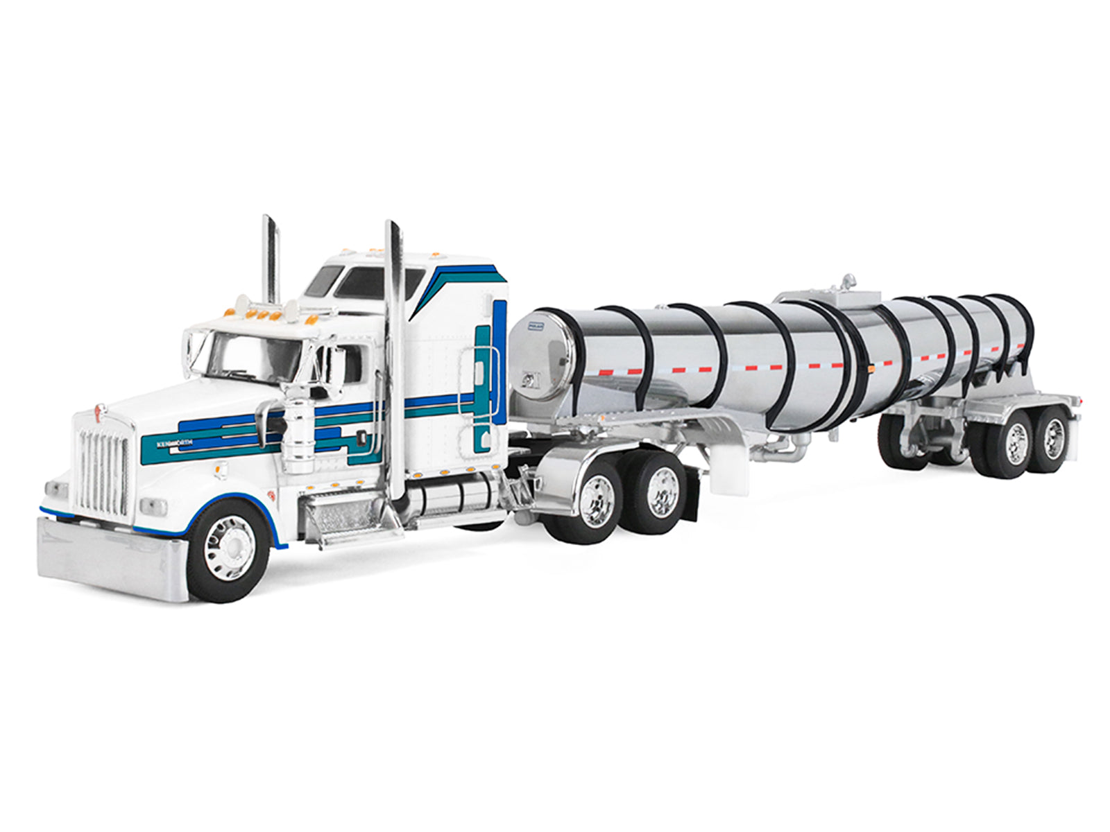Kenworth W900L with 60" Aerodyne Sleeper and Polar Deep Drop Trailer White with Blue and Green Stripes 1/64 Diecast Model by DCP/First Gear