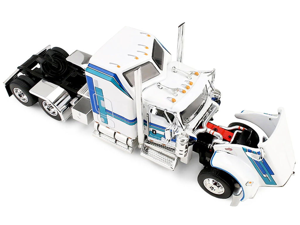 Kenworth W900L with 60" Aerodyne Sleeper and Polar Deep Drop Trailer White with Blue and Green Stripes 1/64 Diecast Model by DCP/First Gear