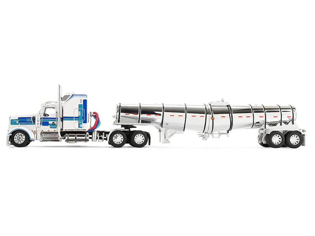 Kenworth W900L with 60" Aerodyne Sleeper and Polar Deep Drop Trailer White with Blue and Green Stripes 1/64 Diecast Model by DCP/First Gear