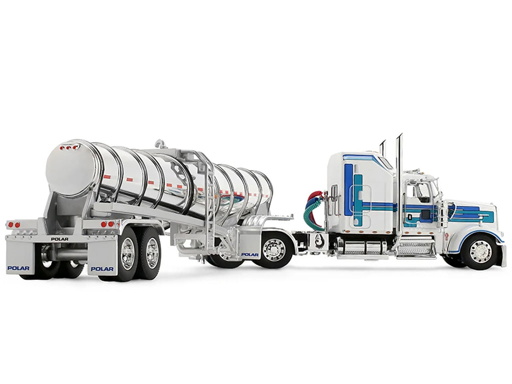 Kenworth W900L with 60" Aerodyne Sleeper and Polar Deep Drop Trailer White with Blue and Green Stripes 1/64 Diecast Model by DCP/First Gear