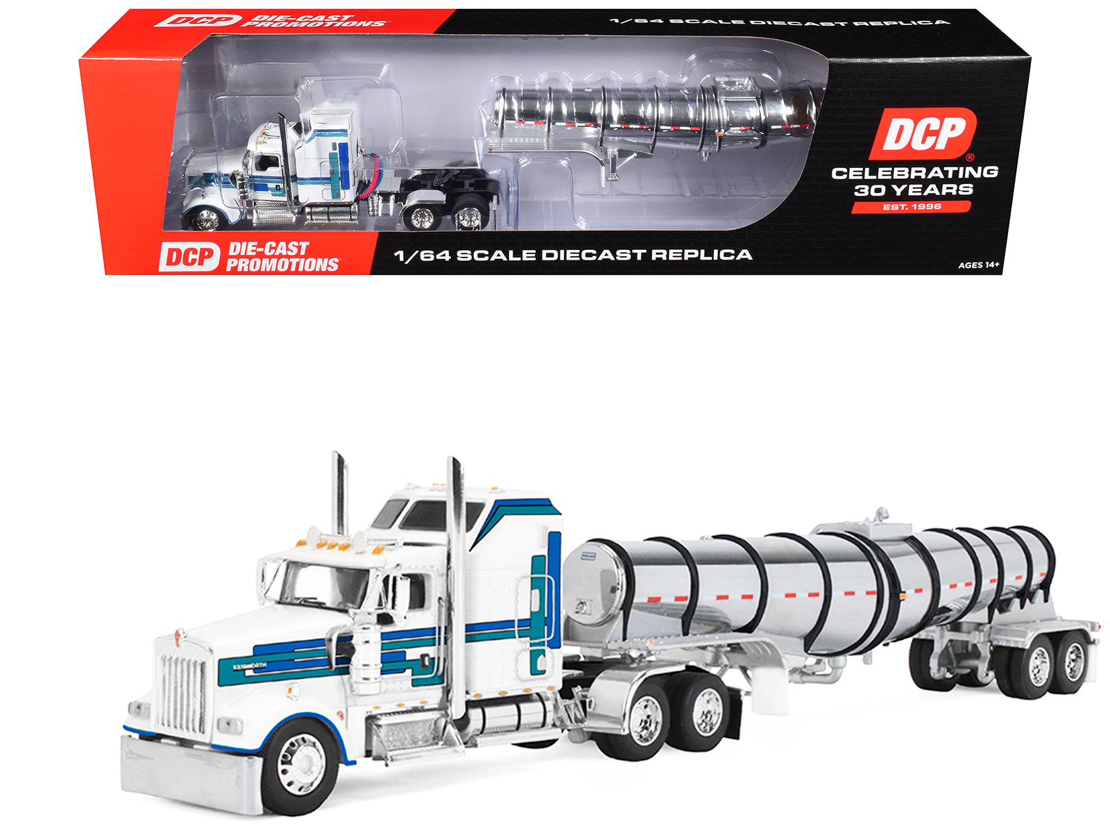 Kenworth W900L with 60" Aerodyne Sleeper and Polar Deep Drop Trailer White with Blue and Green Stripes 1/64 Diecast Model by DCP/First Gear