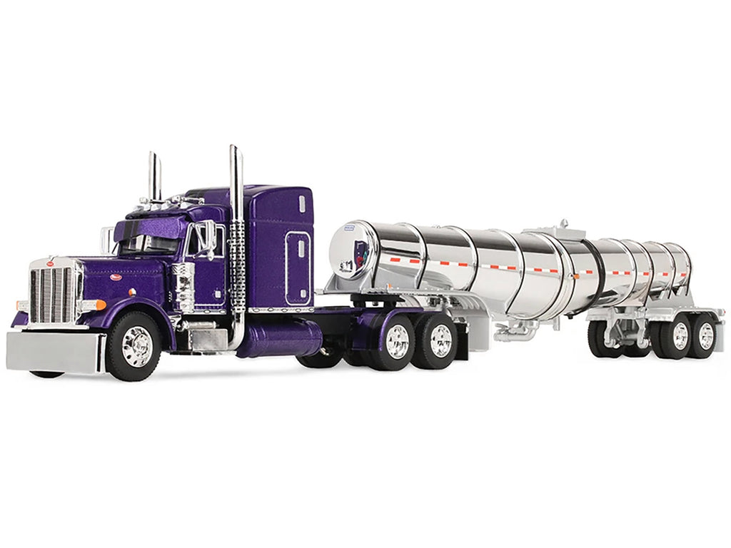 Peterbilt 379 with 63" Mid-Roof Sleeper and Polar Deep Drop Trailer Wild Orchid Purple with Black Stripes 1/64 Diecast Model by DCP/First Gear