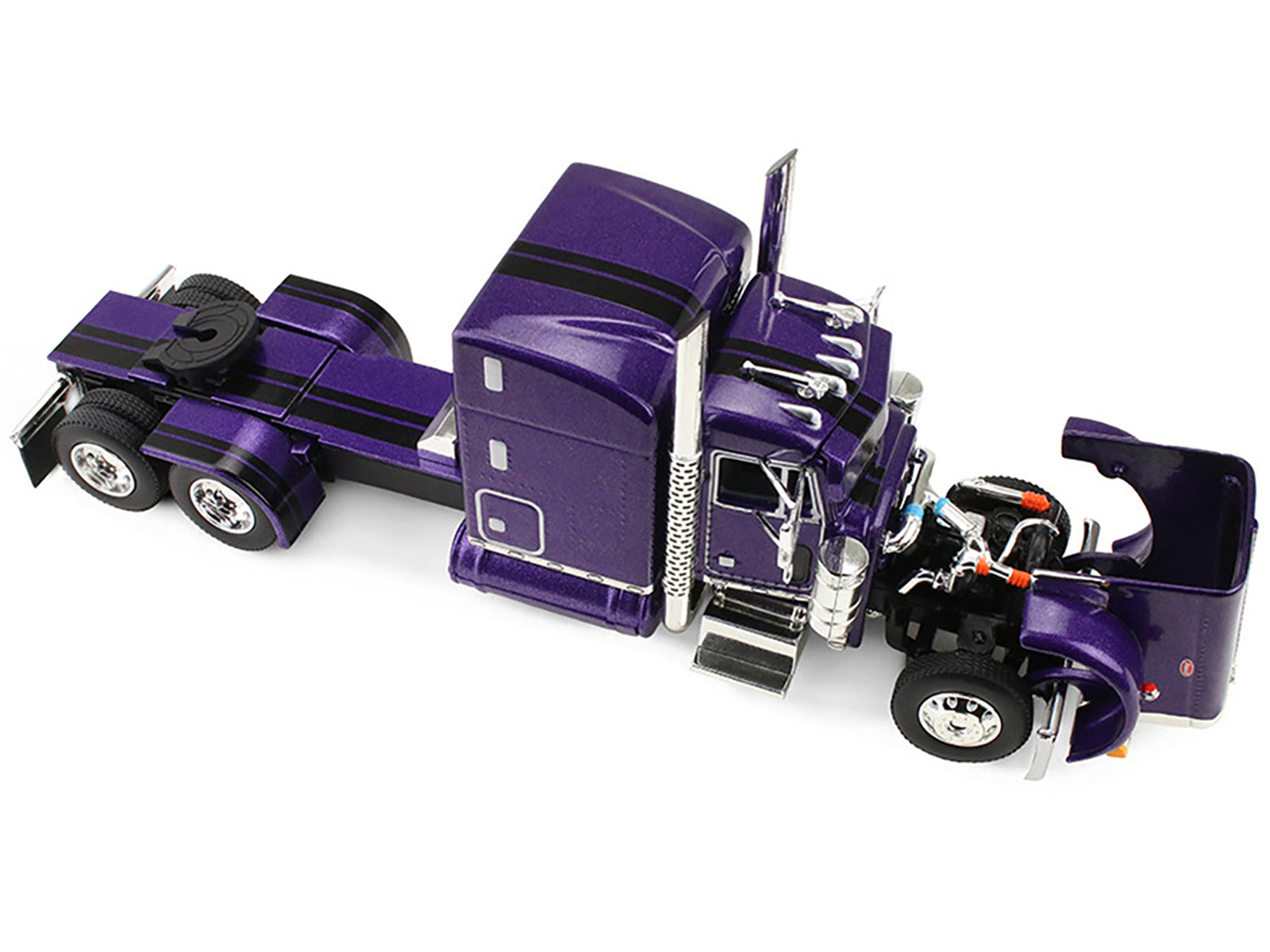 Peterbilt 379 with 63" Mid-Roof Sleeper and Polar Deep Drop Trailer Wild Orchid Purple with Black Stripes 1/64 Diecast Model by DCP/First Gear