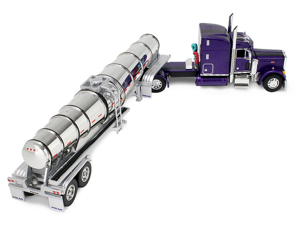 Peterbilt 379 with 63" Mid-Roof Sleeper and Polar Deep Drop Trailer Wild Orchid Purple with Black Stripes 1/64 Diecast Model by DCP/First Gear