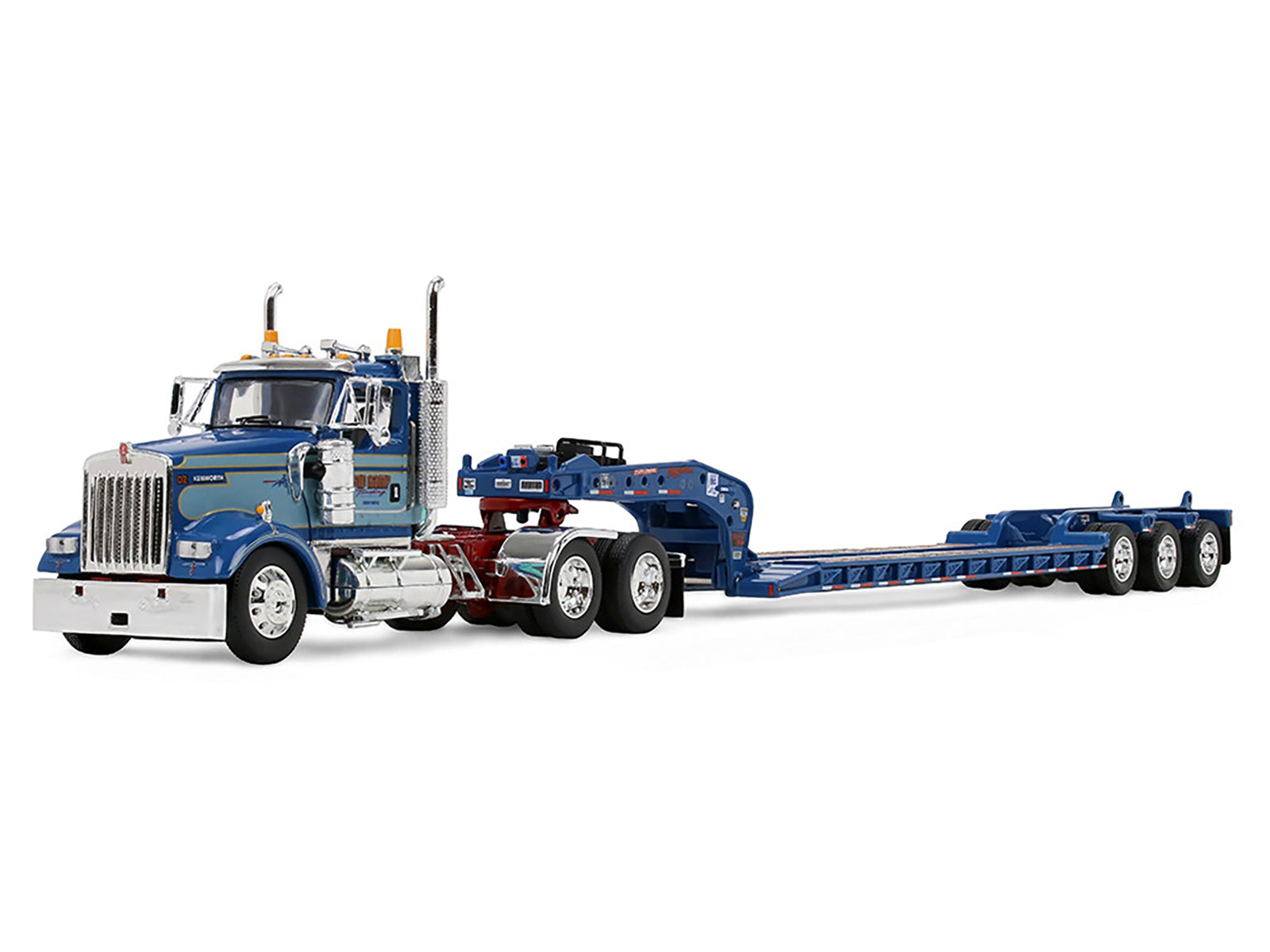 Kenworth W900L Day Cab and Fontaine Magnitude Lowboy Trailer "Sid Kamp" Blue and Light Blue Two-Tone 1/64 Diecast Model by DCP/First Gear
