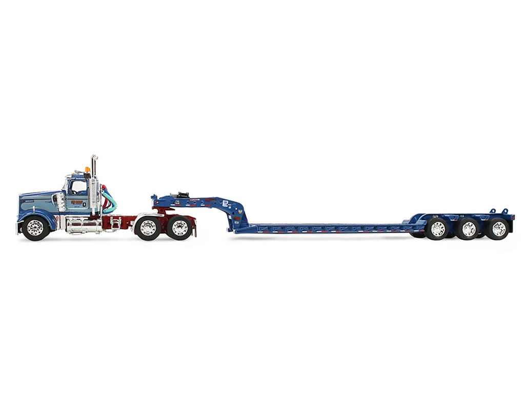 Kenworth W900L Day Cab and Fontaine Magnitude Lowboy Trailer "Sid Kamp" Blue and Light Blue Two-Tone 1/64 Diecast Model by DCP/First Gear
