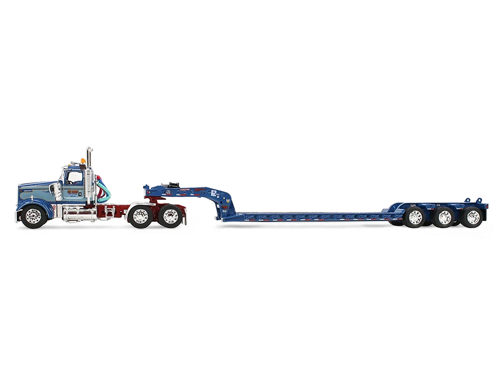 Kenworth W900L Day Cab and Fontaine Magnitude Lowboy Trailer "Sid Kamp" Blue and Light Blue Two-Tone 1/64 Diecast Model by DCP/First Gear