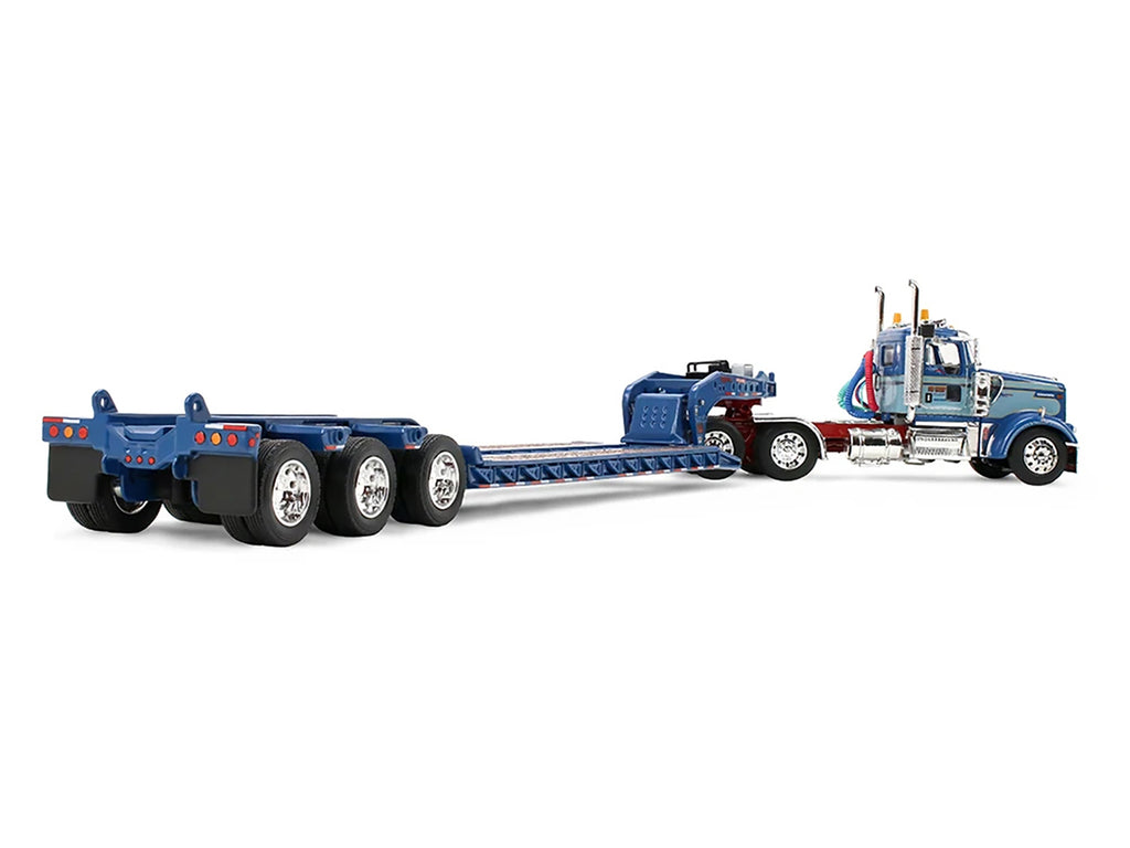 Kenworth W900L Day Cab and Fontaine Magnitude Lowboy Trailer "Sid Kamp" Blue and Light Blue Two-Tone 1/64 Diecast Model by DCP/First Gear