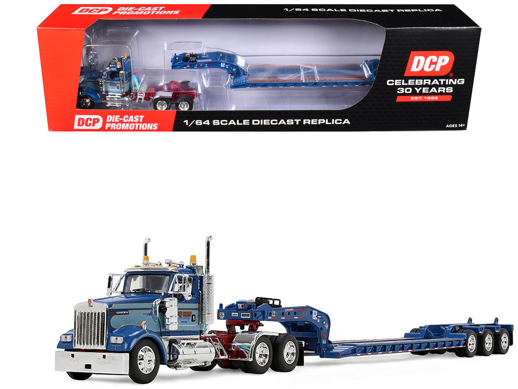 Kenworth W900L Day Cab and Fontaine Magnitude Lowboy Trailer "Sid Kamp" Blue and Light Blue Two-Tone 1/64 Diecast Model by DCP/First Gear