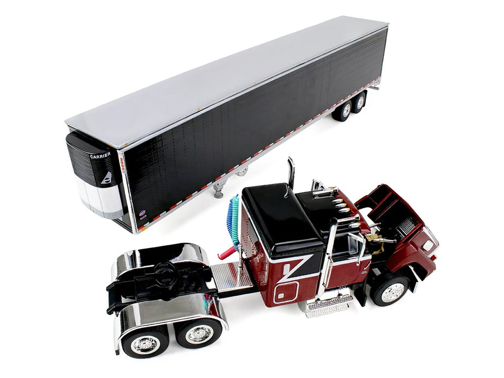 Ford LTL 9000 with 48" Flat Top Sleeper and 53' Utility Trailer with Reefer Volcano Red and Black 1/64