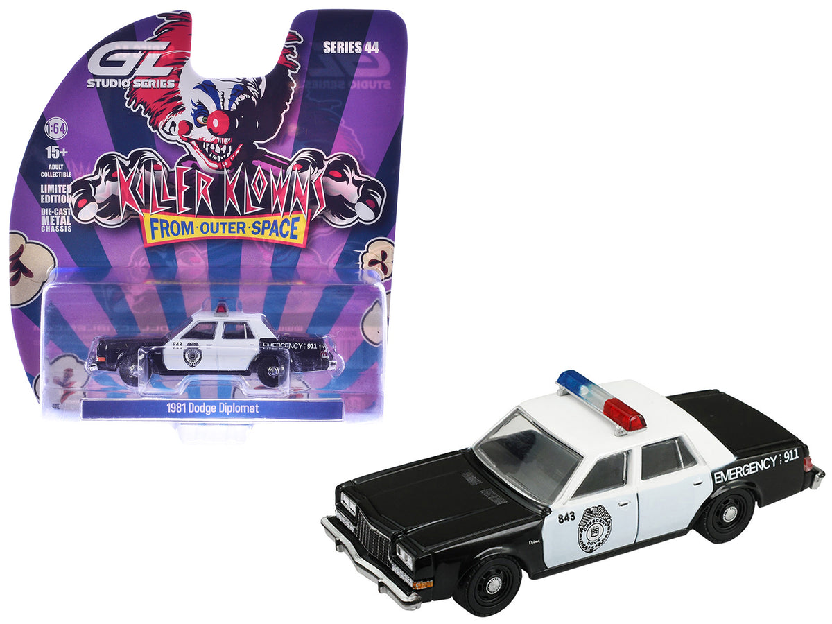 1981 Dodge Diplomat Police Car Black and White "Killer Klowns from Outer Space" (1988) Movie "Hollywood Series" Series 44 1/64 Diecast Model Car by Greenlight