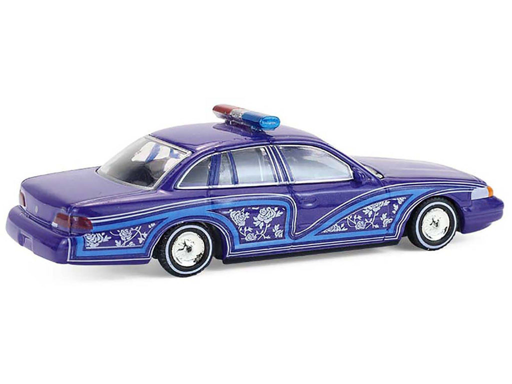 1992 Ford Crown Victoria Lowrider Blue with Graphics and Lightbar "California Lowriders" Series 7 1/64 Diecast Model Car by Greenlight - image 4