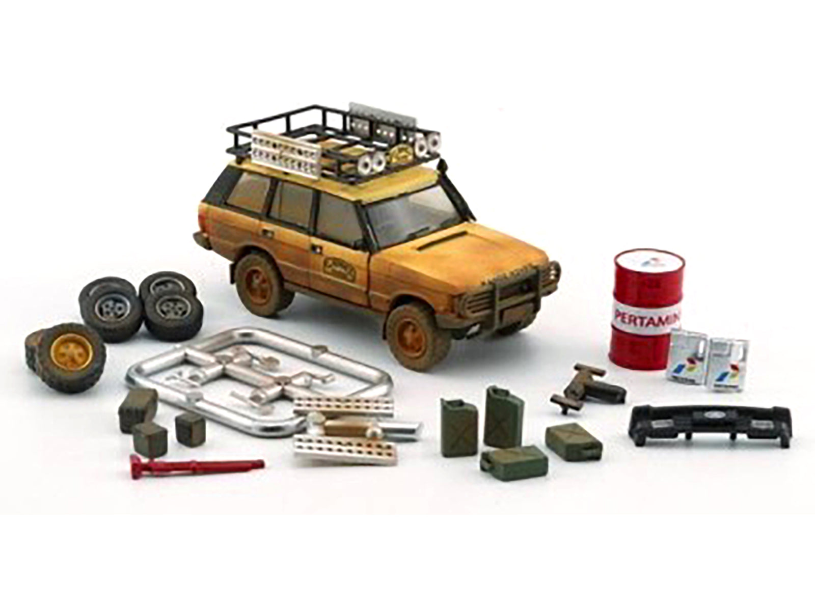 Land Rover Range Rover Classic LSE RHD (Right Hand Drive) "Camel Trophy" Yellow (Dirty Mud Version) with Roof Rack Extra Wheels and Accessories Limited Edition to 2016 pieces Worldwide 1/64 Diecast Model Car by BM Creations - image 2