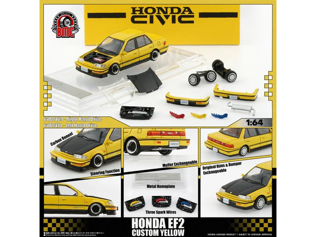 Honda Civic EF2 Custom Yellow with Alternate Parts 1/64 Diecast Model Car by BM Creations