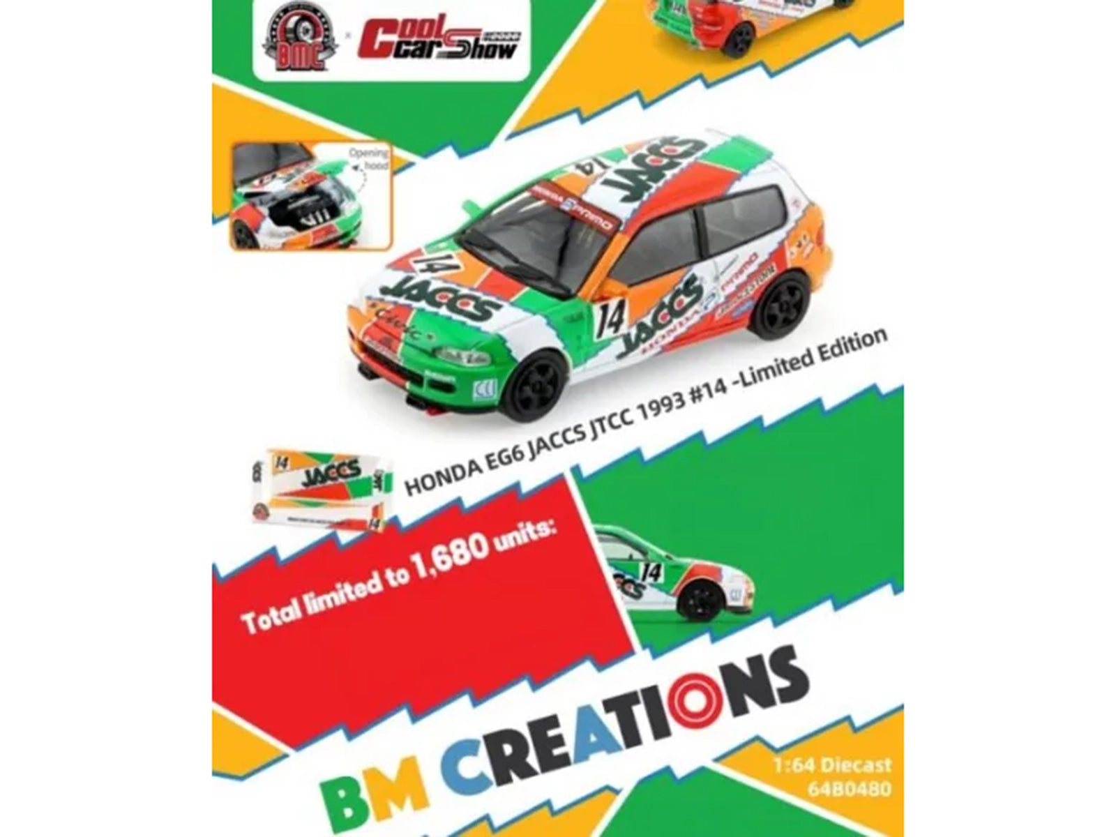 Honda Civic EG6 RHD (Right Hand Drive) #14 JACCS "Japanese Touring Car Championship" (1993) 1/64 Diecast Model Car by BM Creations