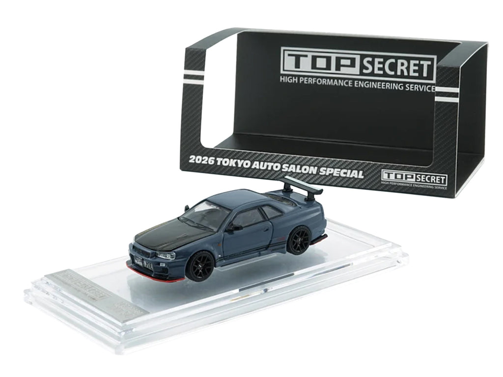 Nissan "Top Secret" Skyline GT-R (BNR34) RHD (Right Hand Drive) Stealth Gray with Carbon Hood "Tokyo Auto Salon 2026" 1/64 Diecast Model Car by BM Creations