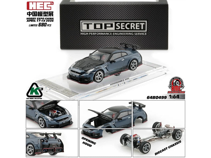 Nissan "Top Secret" GT-R (R35) RHD (Right Hand Drive) Stealth Gray with Carbon Hood and Top "Hobby Expo China 2026" 1/64 Diecast Model Car by BM Creations