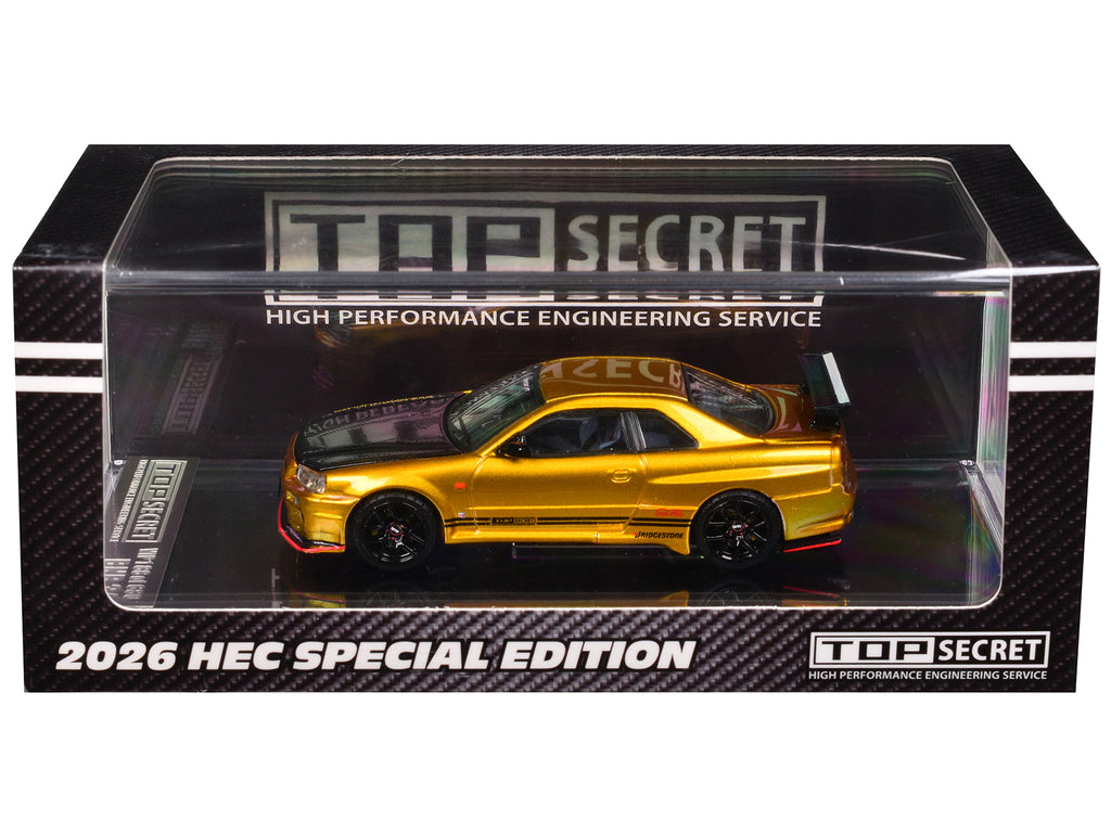 Nissan "Top Secret" Skyline GT-R (BNR34) RHD (Right Hand Drive) Gold Metallic with Carbon Hood "Hobby Expo China 2026" 1/64 Diecast Model Car by BM Creations