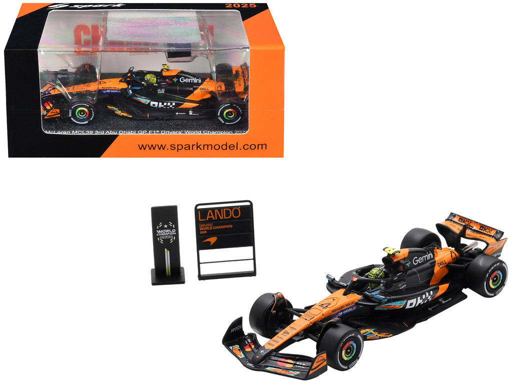 McLaren MCL39 #4 Lando Norris 3rd Place Formula One F1 "Abu Dhabi GP GP" (2025) "Drivers' World Champion 2025" with Pit Board 1/64 Model Car by Spark