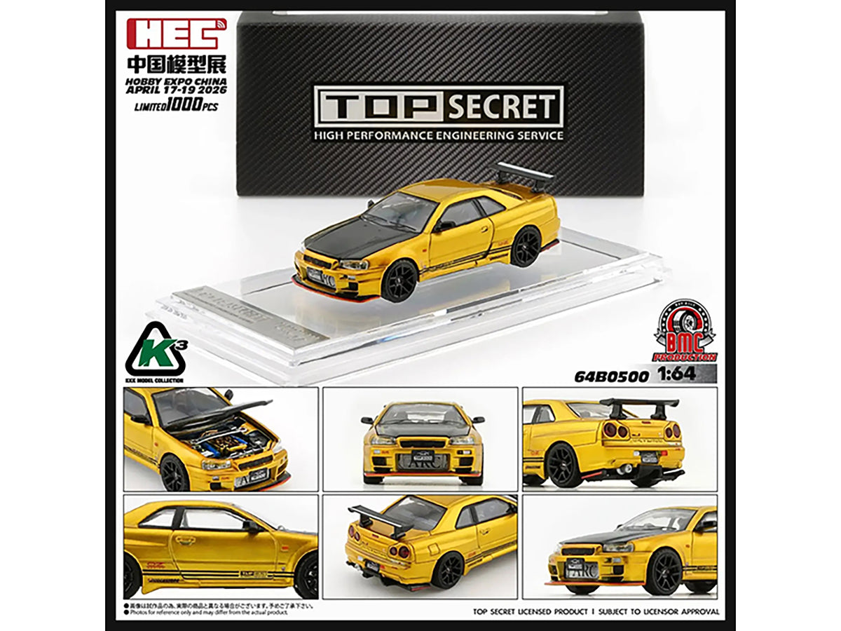 Nissan "Top Secret" Skyline GT-R (BNR34) RHD (Right Hand Drive) Gold Metallic with Carbon Hood "Hobby Expo China 2026" 1/64 Diecast Model Car by BM Creations