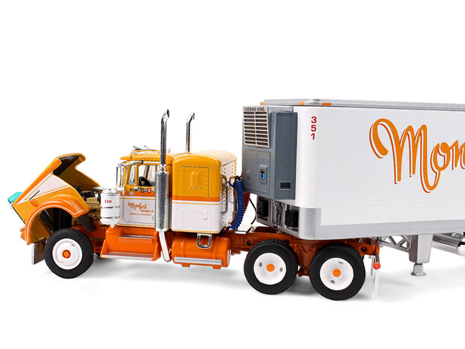 Kenworth W900A with 36" Sleeper and 40' Vintage Trailer with Reefer "Monfort of Colorado" Orange and White "Fallen Flag #50" 1/64 Diecast Model by DCP/First Gear - image 3