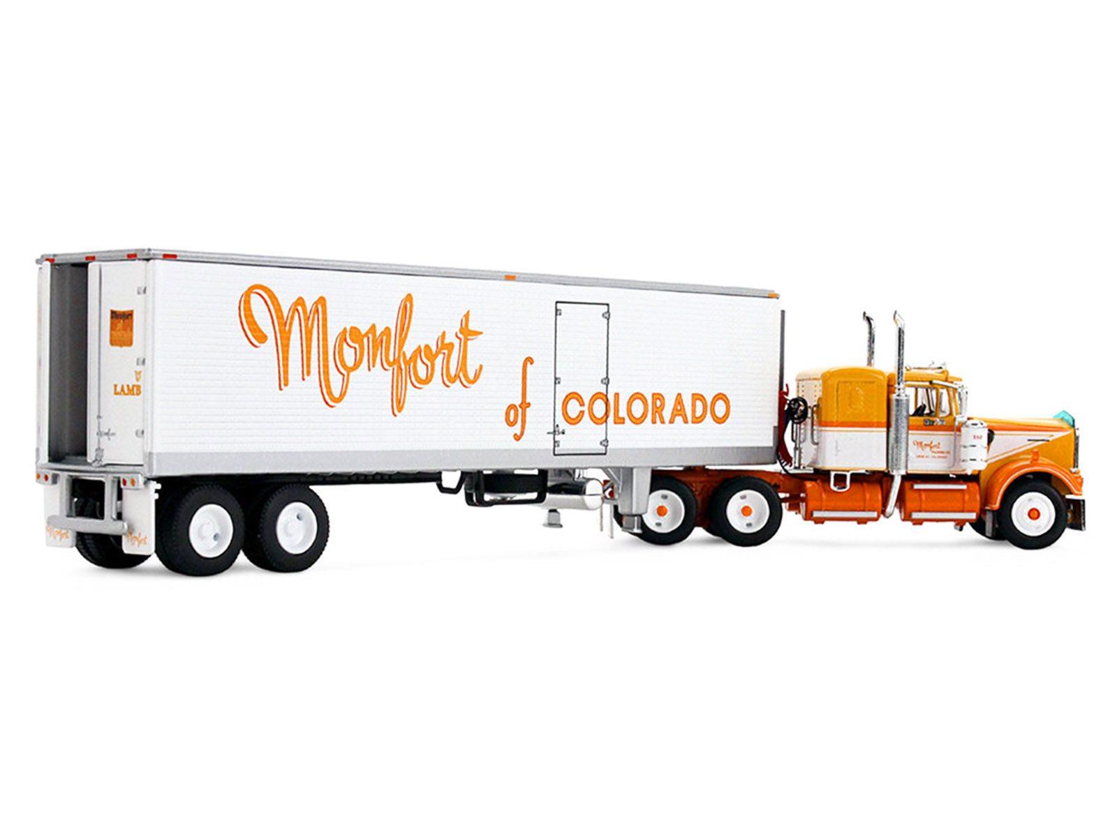 Kenworth W900A with 36" Sleeper and 40' Vintage Trailer with Reefer "Monfort of Colorado" Orange and White "Fallen Flag #50" 1/64 Diecast Model by DCP/First Gear - image 4