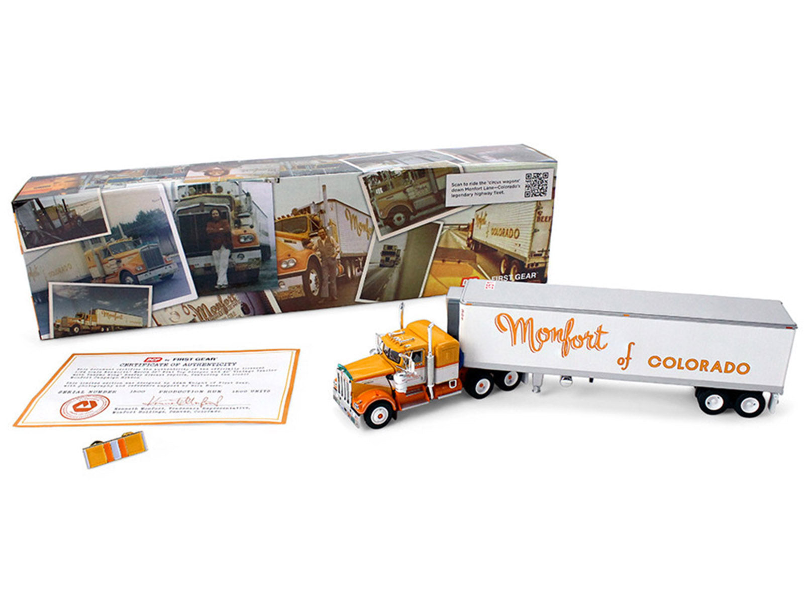Kenworth W900A with 36" Sleeper and 40' Vintage Trailer with Reefer "Monfort of Colorado" Orange and White "Fallen Flag #50" 1/64 Diecast Model by DCP/First Gear - image 5