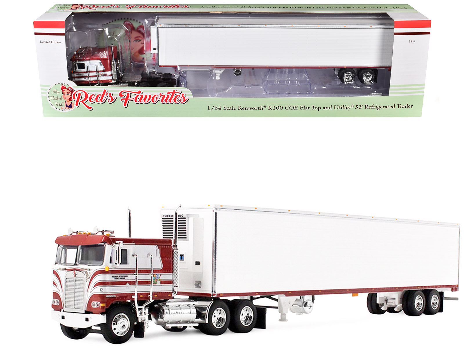 Kenworth K100 COE Flat Top and 53' Utility Trailer with Reefer "Red's Favorites - Jim Skrinar" Red with White Stripes 1/64 Diecast Model by DCP/First Gear