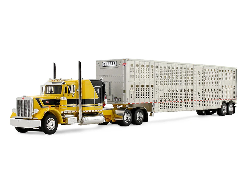 Peterbilt 359 with 63" Flat Top Sleeper & Wilson Silverstar Livestock Trailer "Red's Favorites - Hank Cosper" Yellow with Black Stripes 1/64 Diecast Model by DCP/First Gear
