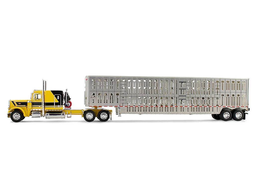 Peterbilt 359 with 63" Flat Top Sleeper & Wilson Silverstar Livestock Trailer "Red's Favorites - Hank Cosper" Yellow with Black Stripes 1/64 Diecast Model by DCP/First Gear