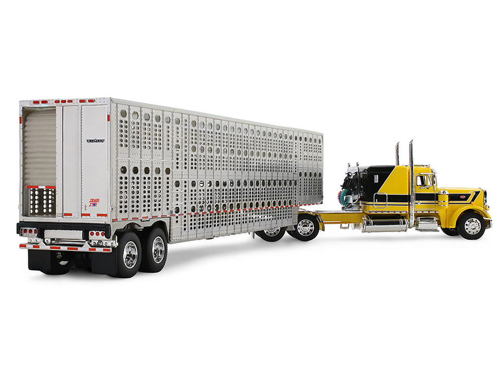 Peterbilt 359 with 63" Flat Top Sleeper & Wilson Silverstar Livestock Trailer "Red's Favorites - Hank Cosper" Yellow with Black Stripes 1/64 Diecast Model by DCP/First Gear