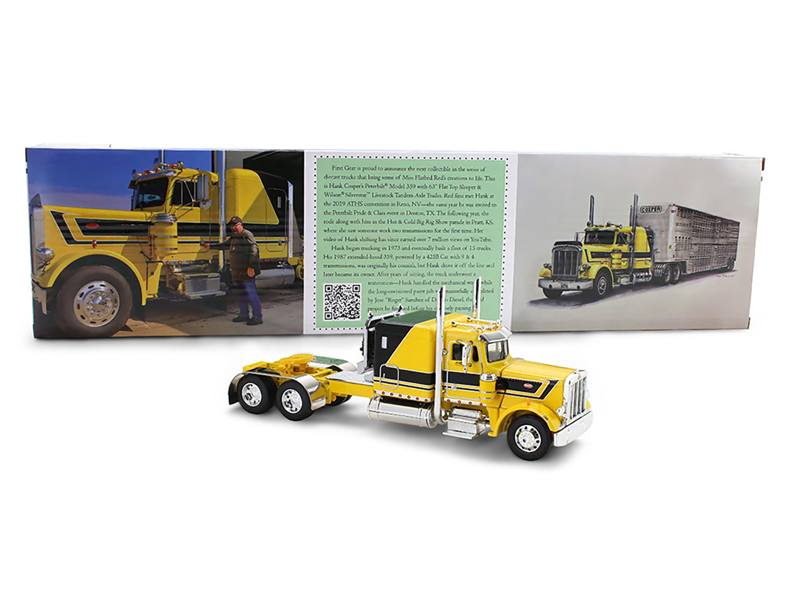Peterbilt 359 with 63" Flat Top Sleeper & Wilson Silverstar Livestock Trailer "Red's Favorites - Hank Cosper" Yellow with Black Stripes 1/64 Diecast Model by DCP/First Gear
