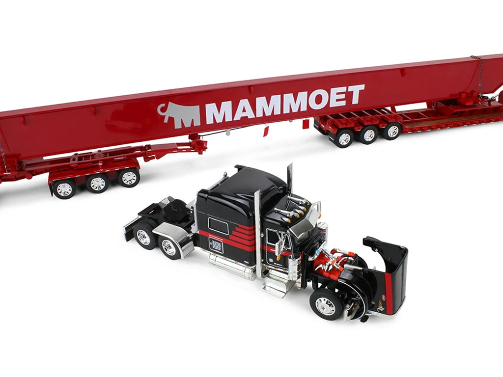 Peterbilt 379 with 70" Mid-Roof Sleeper and Fontaine Magnitude Lowboy with Bunk and ERMC 6-Axle Hydra Steer with Bridge Beam Section Load "Mammoet" Black with Red Stripes 1/64 Diecast Model by DCP/First Gear - image 5