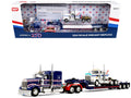 Kenworth W900L with 72" Aerocab Flat Top Sleeper Blue with White Stripes and Fontaine Magnitude Lowboy Trailer with Kenworth W900A Load White with Blue and Red Stripes "America 250" 1/64 Diecast Model by DCP/First Gear