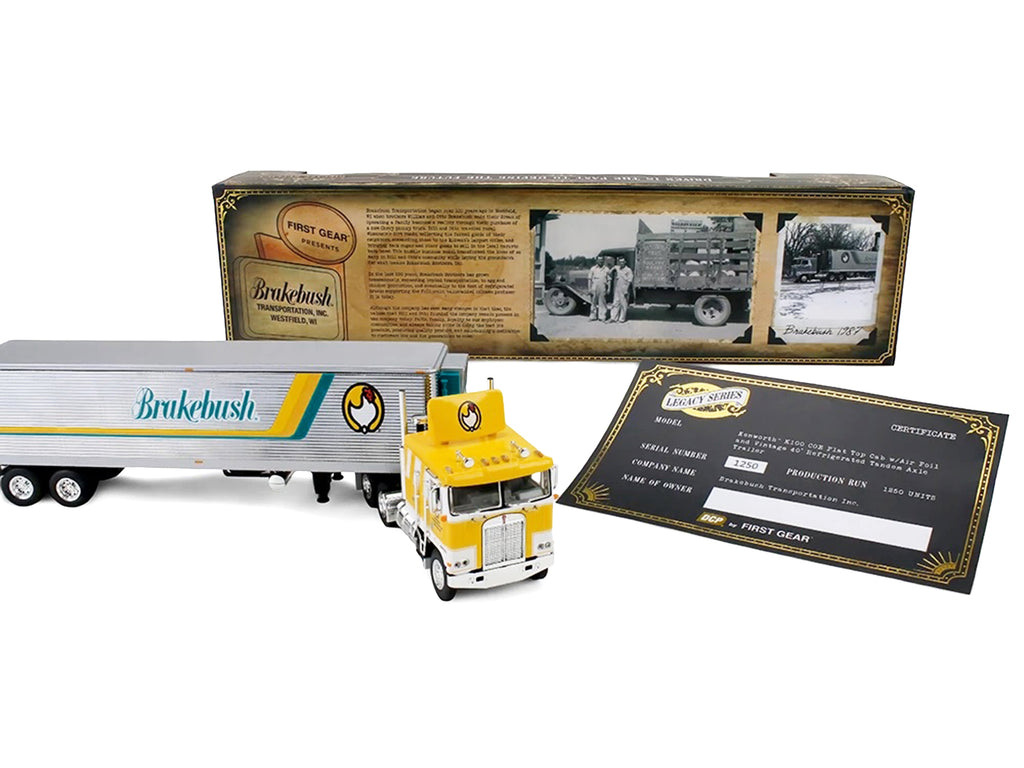 Kenworth K100 COE Flat Top and 40' Vintage Trailer with Reefer "Brakebush" Yellow with White Graphics "Legacy Series #6" 1/64