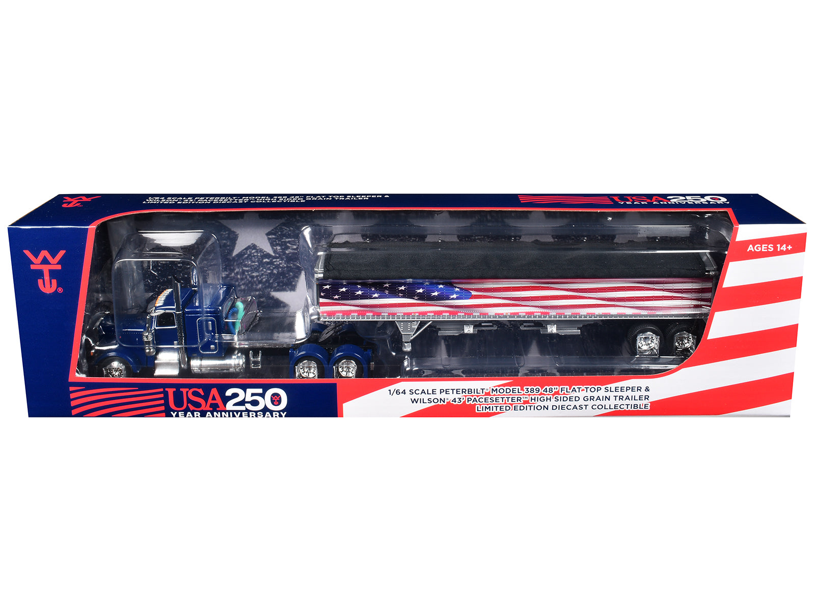 Peterbilt 389 with 48" Flat Top Sleeper and 43' Wilson Pacesetter High Side Grain Trailer "Wilson USA 250" Blue 1/64 Diecast Model by DCP/First Gear