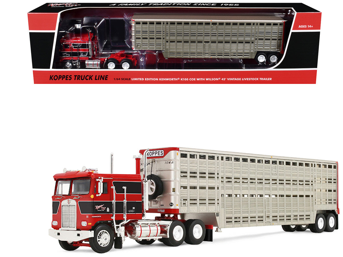 Kenworth K100 COE Flat Top with 45' Wilson Livestock Trailer Koppes Truck Line Red 1/64 Diecast by First Gear