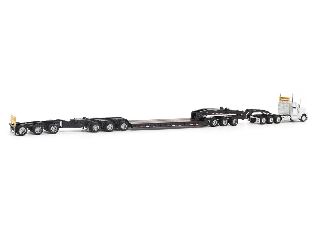 Peterbilt 589 Tridem-Axle Truck Tractor with Day Cab and Trail King TK170 Hydraulic Detachable Gooseneck Lowboy Trailer with Jeep and Booster White "Transport Series" 1/64 Diecast Model by Diecast Masters