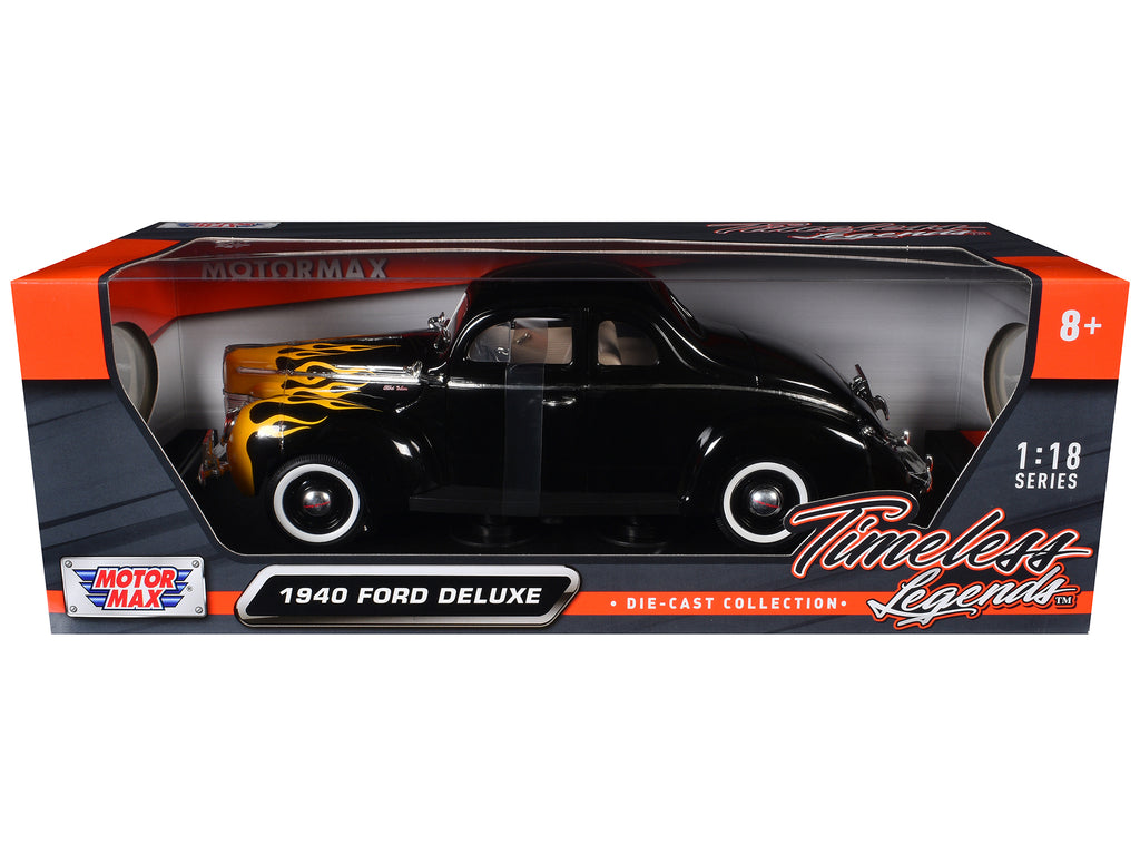 1940 Ford Deluxe Black with Yellow Flames "Timeless Classics" 1/18 Diecast Model Car by Motormax - image 3