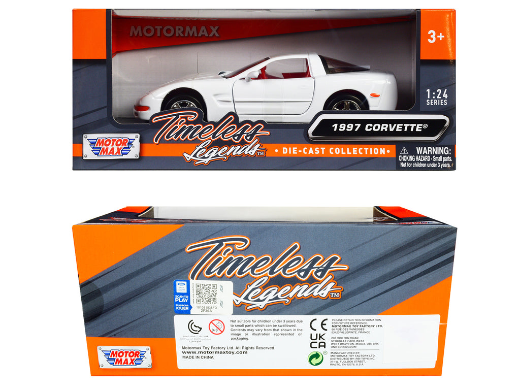 1997 Chevrolet Corvette C5 Coupe White with Red Interior "Timeless Legends" Series 1/24 Diecast Model Car by Motormax - image 3