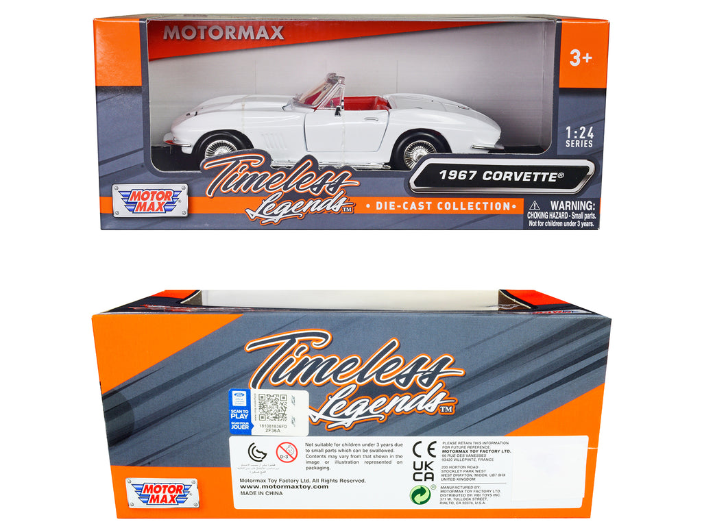 1967 Chevrolet Corvette C2 Convertible White with Red Interior "Timeless Legends" Series 1/24 Diecast Model Car by Motormax - image 3