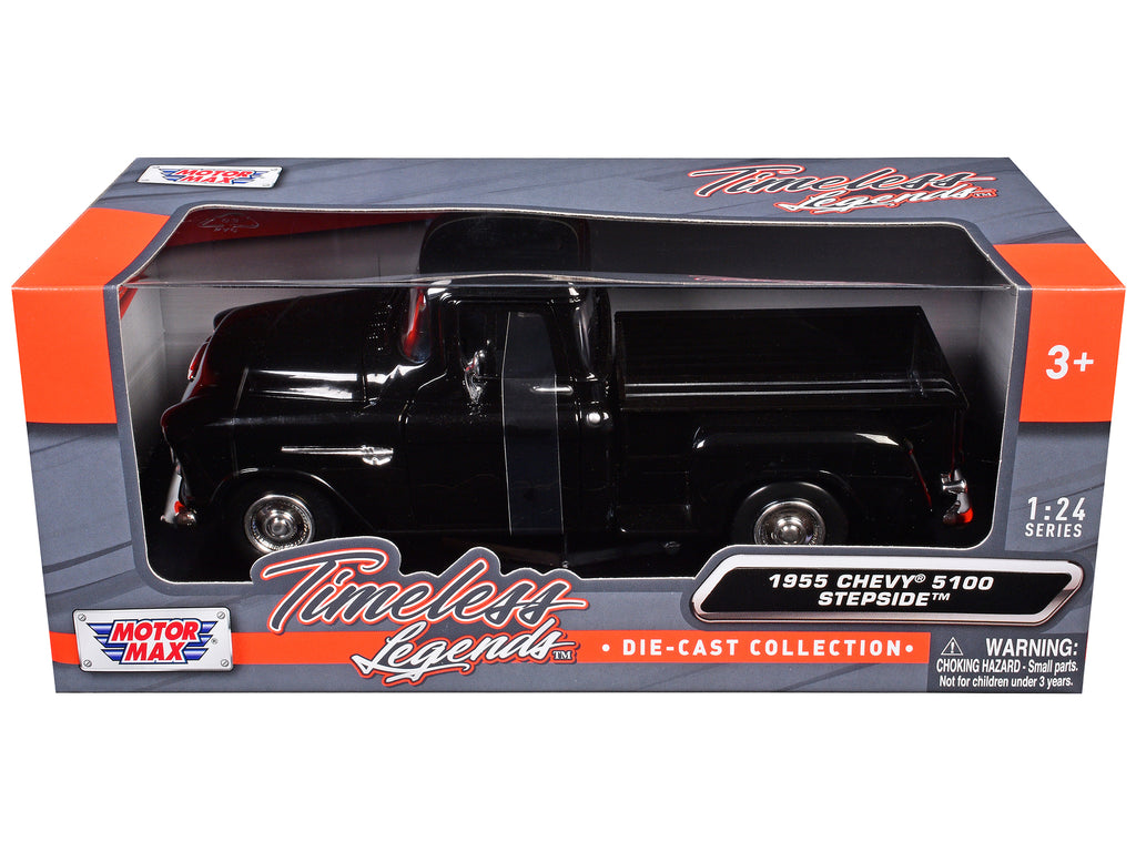 1955 Chevrolet 5100 Stepside Pickup Truck Black 1/24 Diecast Car Model by Motormax - image 3