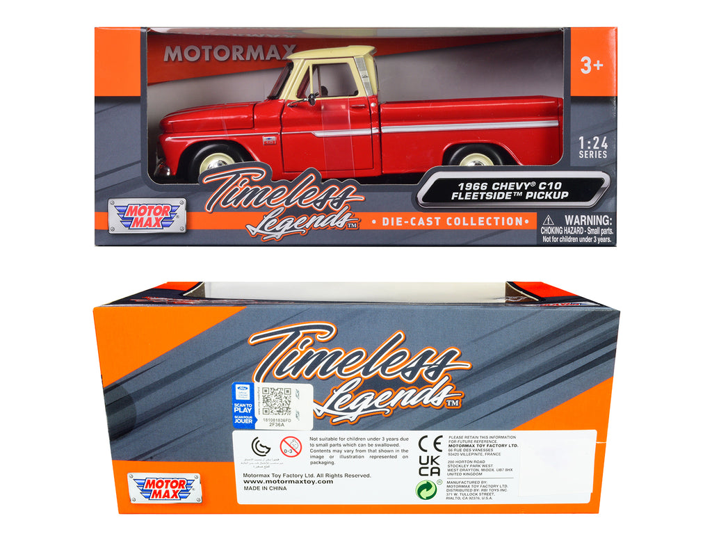 1966 Chevrolet C10 Fleetside Pickup Truck Red with Cream Top "American Classics" 1/24 Diecast Model Car by Motormax - image 3