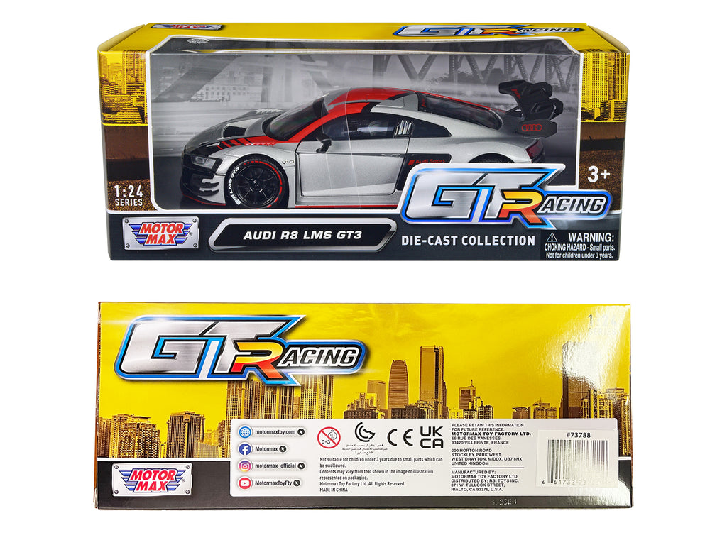 Audi R8 LMS GT3 Silver Metallic with Graphics "GT Racing" Series 1/24 Diecast Model Car by Motormax - image 3